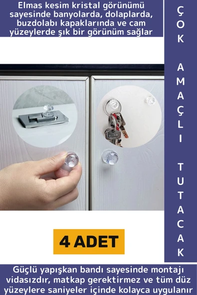 Montajsız Çekmece Dolap Klozet Kapağı Şık Kristal Tasarım Çok Amaçlı Yapışkanlı Tutacak Buton 4 Adet ürün görseli 1