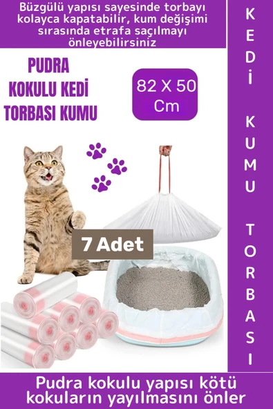 Evcil Hayvan Pet Yırtılma Dayanıklı Kötü Koku Önleyen Pudra Kokulu Kedi Kumu Torbası 82x50 Cm 7 Adet ürün görseli 1