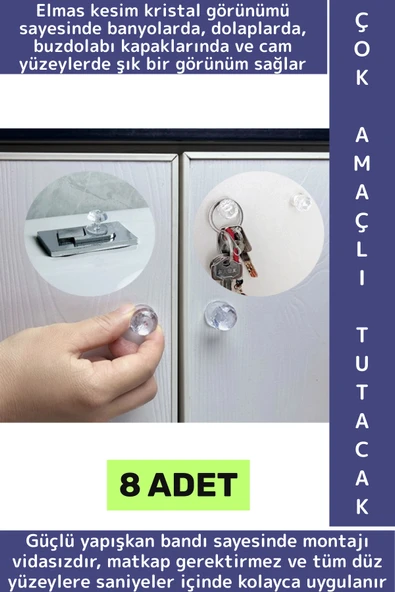 Montajsız Çekmece Dolap Klozet Kapağı Şık Kristal Tasarım Çok Amaçlı Yapışkanlı Tutacak Buton 8 Adet ürün görseli 1