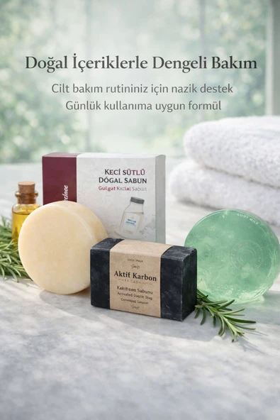 Doğal Sabun Seti 3’lü Bakım Paketi Aktif Karbon /Çay Ağacı /Keçi Sütlü ürün görseli 1