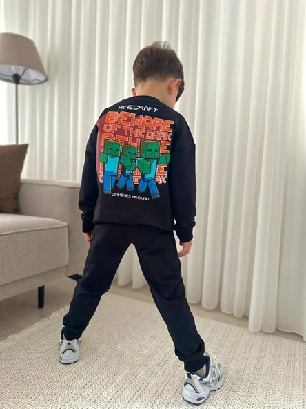 Cg Kids Minecraft Siyah Turuncu Sırt Baskılı Detay Erkek Çocuk 2 iplik Alt Üst Takım Süper Kalite Kumaş ürün görseli 1