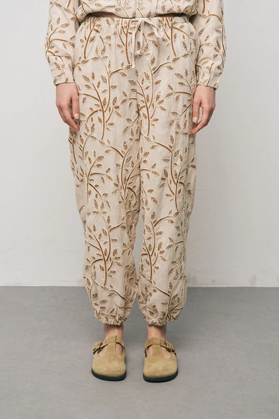 Kadın Botanical Line Nakış İşlemeli Beli Bağcıklı Bohem Pantolon ürün görseli 1