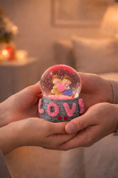 Sevgiliye Hediye Love Kalp Temalı Sevgililer Aşıklar Figürlü 9 cm Işıklı Kar Küresi Dekoratif Hediye ürün görseli 1