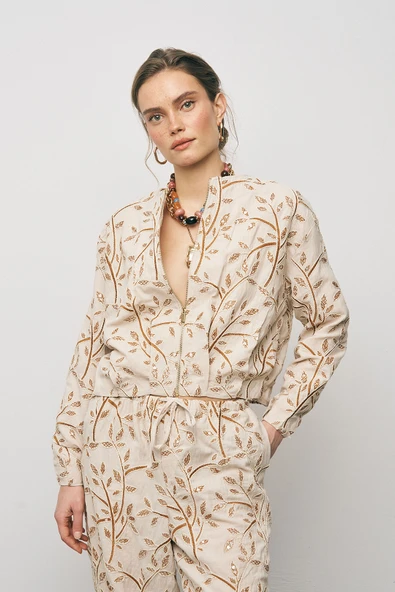 Kadın Botanical Line Nakış İşlemeli Fermuarlı Bohem Crop Ceket ürün görseli 1