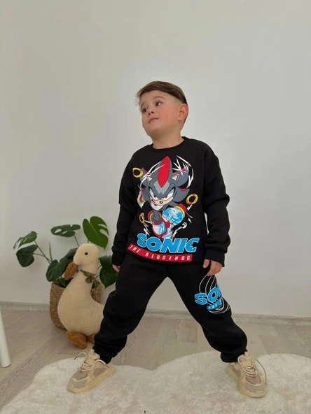 Cg Kids Sonic Baskılı Koyu Lacivert 2 Iplik Erkek Çocuk Alt Üst Süper Tarz Takım Krem Eşofman Baskı Detay ürün görseli 1