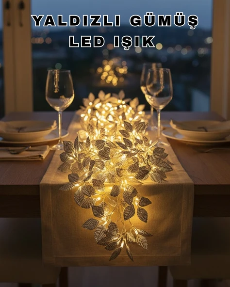 Yaprak Şekilli Gümüş Led Işık Pilli Dekoratif Aydınlatma ürün görseli 1
