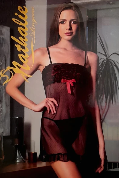 wMc Collection Fantzi Kırmızı Kurdeleli  Siyah Tül Gecelik ürün görseli 1