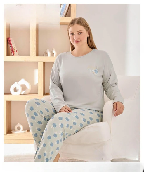 Pijamoni Kadın Sofya Büyük Beden Bisiklet Yaka Uzun Kol İnce Pijama Takımı 8720/2- 1 Adet  Gri 3XL ürün görseli 1