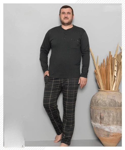Pijamoni Erkek Battal Düğme Yaka Penye Uzun Kol İnce Pijama Takımı 6720/11 - 1 Adet  Siyah 5XL ürün görseli 1