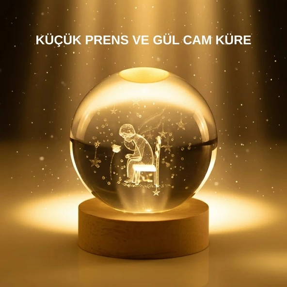 Küçük Prens Cam Küre USB Işıklı Ahşap Standlı Büyük Boy ürün görseli 1