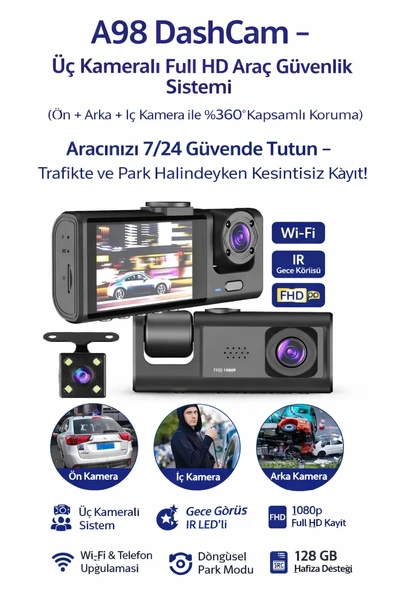 Akıllı Full HD 3 Kameralı Araç İçi Güvenlik Kamerası Ön-Arka-İç Kayıt, Park Modu ürün görseli 1