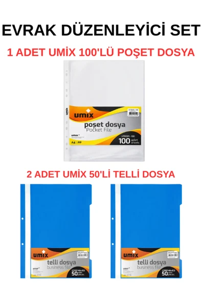 Evrak Düzenleyici Set | 2 Adet Telli Dosya + 100’lü Poşet Dosya | Okul & Ofis ürün görseli 1