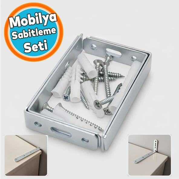 Dolap Sabitleme Birleştirme Mobilya Eşya Çocuk Seti Kiti Devrilme Önleyici Metal Bağlantı Aparatı Seti ürün görseli 1