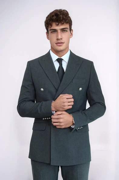 Gümüş Renk Metal Düğmeli Slim Fit Kruvaze Koyu Gri Erkek Takım Elbise – Wessi ürün görseli 1