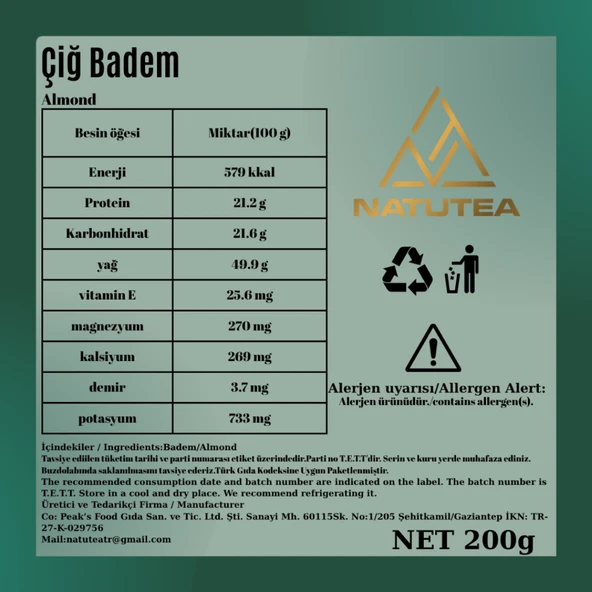Natutea Çiğ Badem 200 g - Resim 3