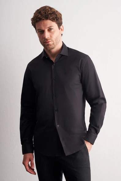 Siyah Yarım İtalyan Yaka Uzun Kol Slim Fit Pamuklu Gömlek 1004255189 ürün görseli 1