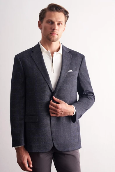 Lacivert Mono Yaka Kareli Desen Esnek 4 Drop Comfort Fit Classic Ceket 1002255156 ürün görseli 1
