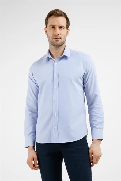 Beyaz-İndigo Çizgili Desen Sert Yaka Uzun Kol Cepsiz Slim Fit Pamuklu Gömlek 1004255282 ürün görseli 1
