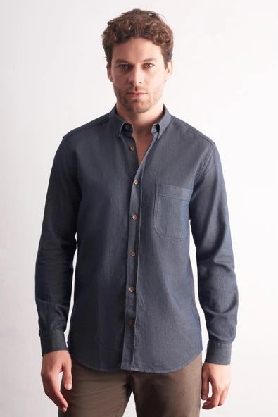 Lacivert-Kahverengi Uzun Kol Düğmeli Yaka Kendinden Desenli %100 Pamuk Slim Fit Gömlek 1004255199 ürün görseli 1