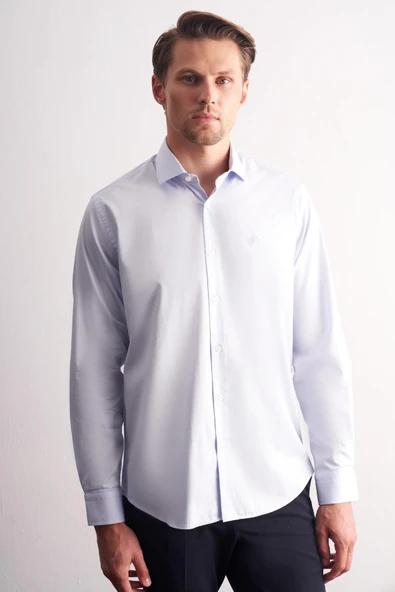 Mavi Yarım İtalyan Yaka Uzun Kol Premium Slim Fit %100 Pamuk Gömlek 1004255197 ürün görseli 1