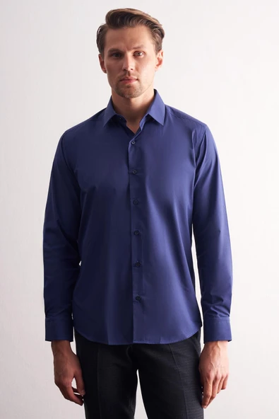 Lacivert Sert Yaka Filafil Desen Uzun Kol Slim Fit Pamuklu Gömlek 1004255181 ürün görseli 1