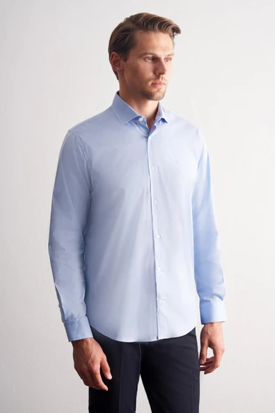 Mavi Yarım İtalyan Yaka Uzun Kol Slim Fit Pamuklu Gömlek 1004255189 ürün görseli 1