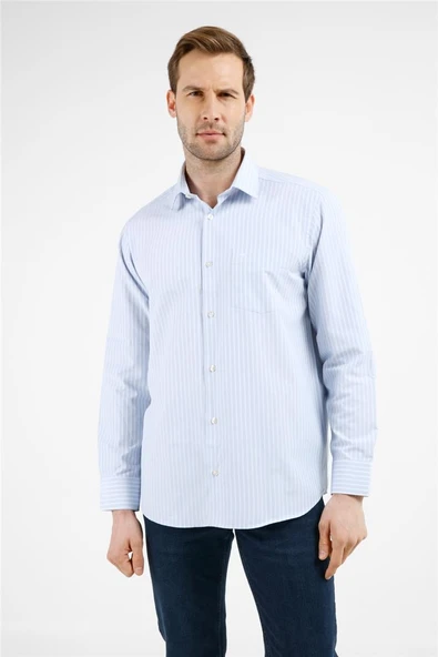 Mavi-Beyaz Çizgili Desen Sert Yaka Uzun Kol Cepli Comfort Fit Pamuklu Gömlek 1004255277 ürün görseli 1