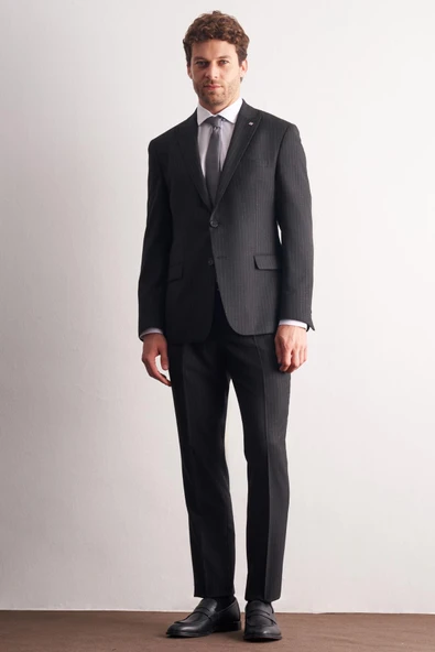 Siyah-Gri Kırlangıç Yaka Çizgili 6 Drop Slim Fit Tam Astar Esnek Takım Elbise 1001255161 ürün görseli 1