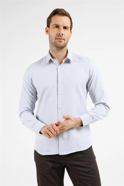 Gri Dokulu Sert Yaka Uzun Kol Cepsiz Slim Fit Pamuklu Gömlek 1004255283 ürün görseli 1
