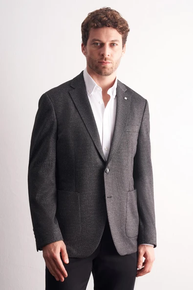 Siyah Mono Yaka Kendinden Desenli Esnek 6 Drop Comfort Fit Classic Ceket 1002255155 ürün görseli 1