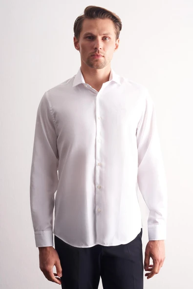 Beyaz Yarım İtalyan Yaka Kendinden Desenli Uzun Kol Premium Slim Fit %100 Pamuk Gömlek 1004255192 ürün görseli 1