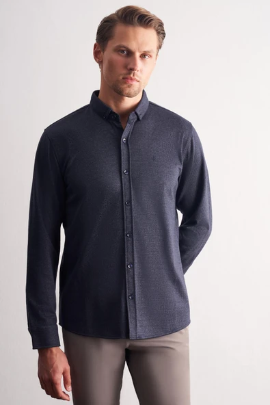 Lacivert Smart Düğmeli Yaka Uzun Kol Cepsiz Slim Fit Casual Gömlek 1004255171 ürün görseli 1
