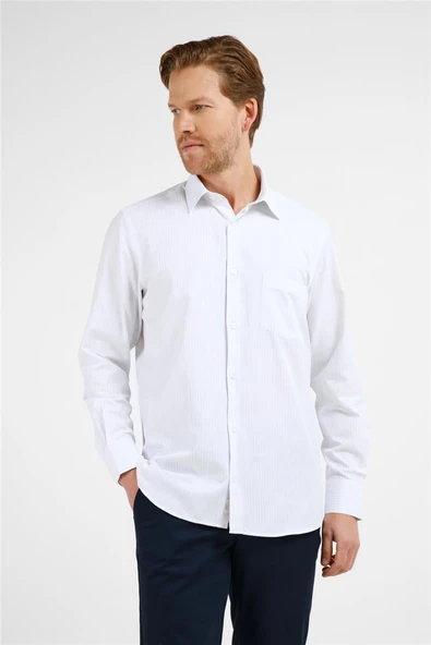 Beyaz-Lila Çizgili Desen Sert Yaka Uzun Kol Cepli Comfort Fit Pamuklu Gömlek 1004255274 ürün görseli 1