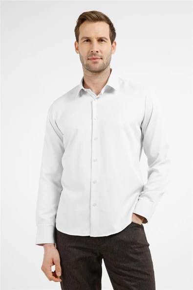 Bej-Beyaz Kendinden Desenli Sert Yaka Uzun Kol Cepsiz Slim Fit Pamuklu Gömlek 1004255214 ürün görseli 1