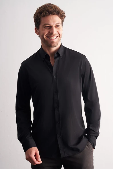 Siyah Düğmeli Yaka Örme Uzun Kol Performans Ürün Slim Fit Esnek Gömlek 1004255270 ürün görseli 1