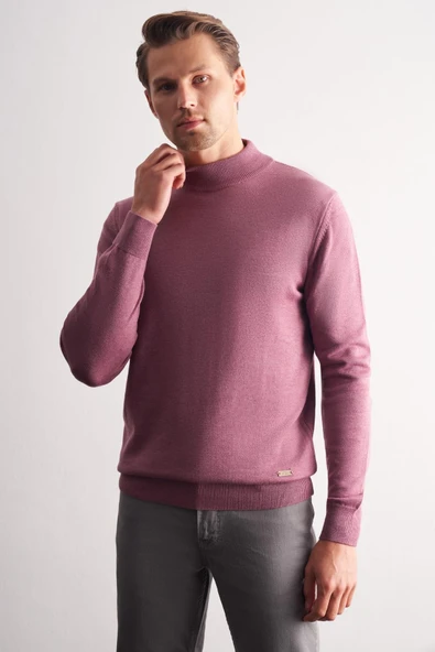 Pembe Yarım Balıkçı Yaka Cepsiz Comfort Fit Classic Pamuklu Triko Kazak 1012255001 ürün görseli 1