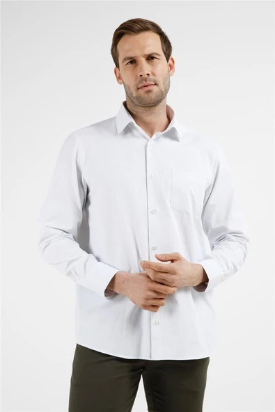 Beyaz Kendinden Desenli Sert Yaka Uzun Kol Cepli Comfort Fit Pamuklu Gömlek 1004255211 ürün görseli 1
