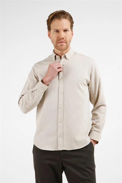 Bej-Taba Düğmeli Yaka Uzun Kol Cepsiz Slim Fit Pamuklu Gömlek 1004255233 ürün görseli 1