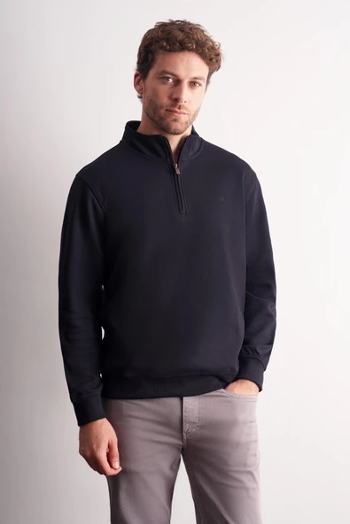 Lacivert Uzun Kol Dik Yaka Düz Pamuklu Comfort Fit Sweatshirt 1013255151 ürün görseli 1