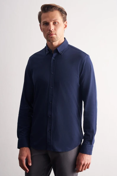 Lacivert Düğmeli Yaka Kendinden Desenli Örme Uzun Kol Performans Ürün Slim Fit %100 Pamuk Gömlek 1004255272 ürün görseli 1