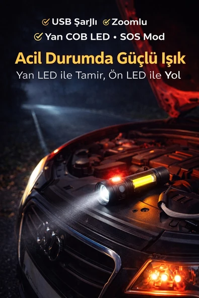 USB Şarjlı Zoomlu Mini El Feneri Q5 Güçlü Işık Yan COB LED SOS Mod Kutulu Acil Durum Işığı ürün görseli 1
