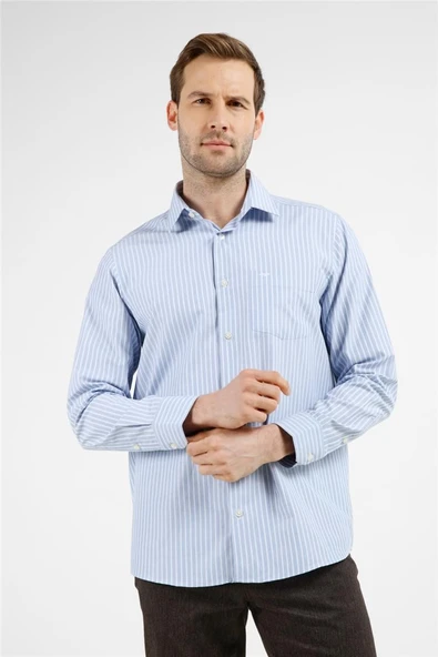 Mavi-Beyaz Çizgili Desen Sert Yaka Uzun Kol Cepli Comfort Fit Pamuklu Gömlek 1004255277 ürün görseli 1