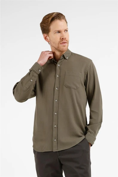Haki Düğmeli Yaka Cepli Uzun Kol Slim Fit %100 Pamuk Gömlek 1004255213 ürün görseli 1