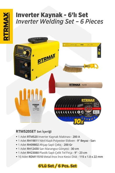 RTM520SET Inverter Kaynak Makinası - 6'lı Set -Eldiven-Çekiç-Gönye-Tel Fırça-Kesici Disk ürün görseli 1