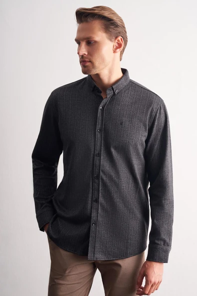 Siyah Smart Düğmeli Yaka Uzun Kol Cepsiz Slim Fit Casual Gömlek 1004255172 ürün görseli 1