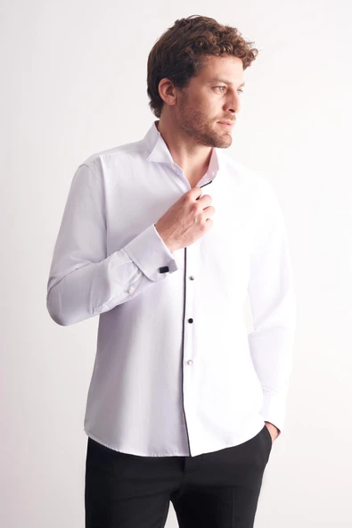 Beyaz Uzun Kol Ata Yaka Düz Pamuklu Slim Fit Gömlek 1004255215 ürün görseli 1