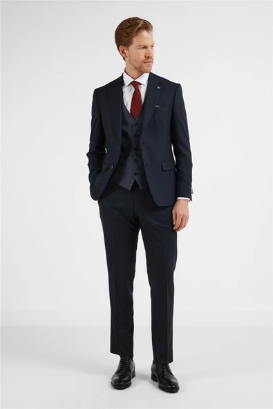 Lacivert Mono Yaka Yelekli 6 Drop Slim Fit Tam Astar Esnek Takım Elbise 1001255175 ürün görseli 1