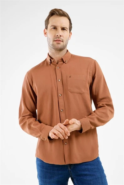 Bej Düğmeli Yaka Cepli Uzun Kol Slim Fit %100 Pamuk Gömlek 1004255213 ürün görseli 1