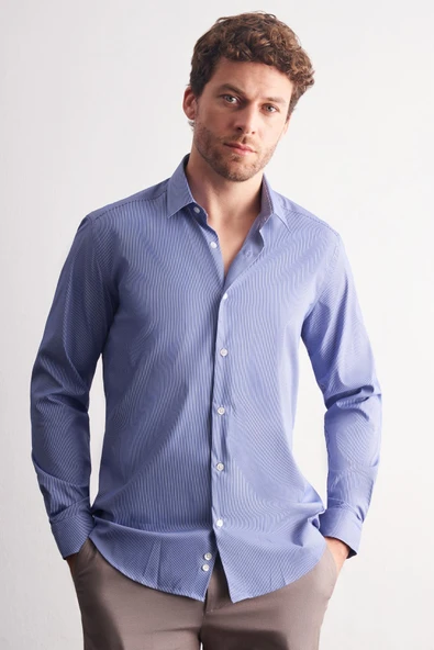İndigo-Beyaz Sert Yaka Çizgili Desen Uzun Kol Slim Fit Esnek Gömlek 1004255176 ürün görseli 1