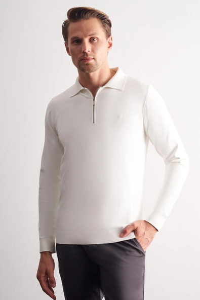 Ekru Uzun Kol Fermuarlı Yaka Cepsiz  Slim Fit  Triko 1012255150 ürün görseli 1